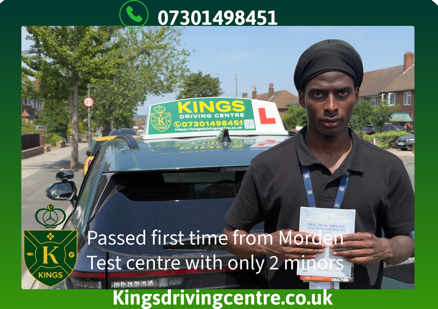 Learner celebrating a first-time pass at Morden test centre with only 2 minor faults