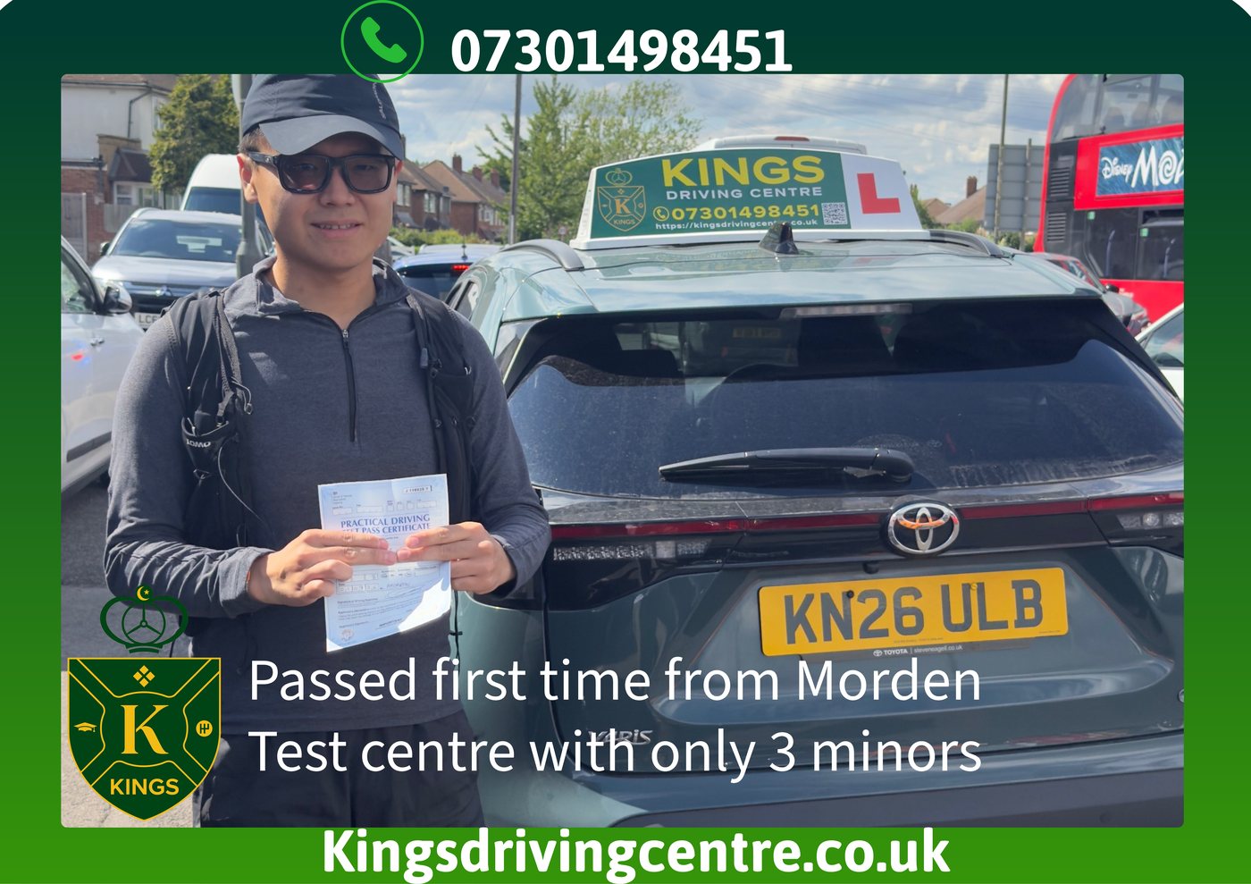Learner celebrating a first-time pass at Morden test centre with only 3 minor faults